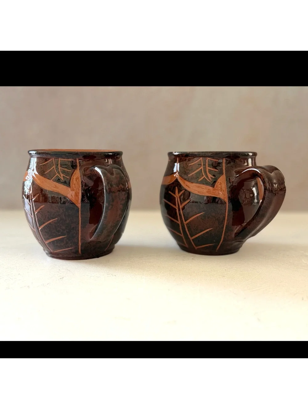 Wassi Art Jamaican Pottery Mug Pair | Hand Carved Leaf Redware Coffee Cups
